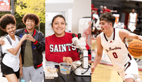 Collage of three pictures: two students arm in arm, a student in a red Saints sweatshirt with a microscope, a basketball player on the court