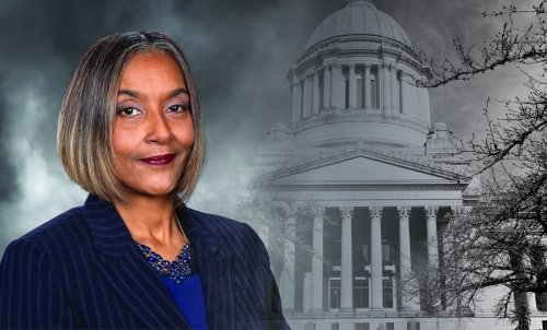 Headshot of Melanie Morgan with capitol building behind