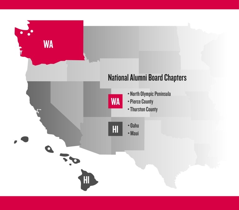 Map showing National Alumni Board Chapter locations (WA & HI)