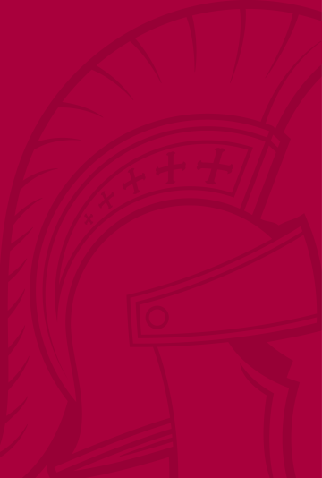 Outline of Saints helmet in dark red against a red background