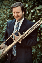 Ryan Wagner holds a trombone