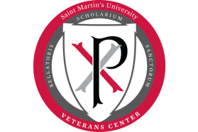 Saint Martin's University Veterans Center logo: a p interlocked with an x on a shield