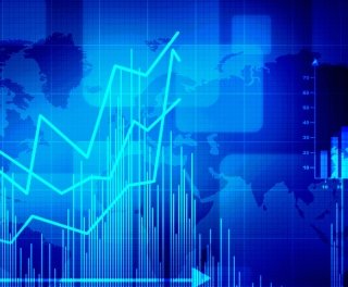 Blue line graph showing spiky growth with a map of the world behind.