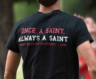 Photo of a student's Saint Martin's slogan shirt