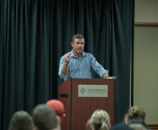 Nate Boyer speaks during one of the Leadership Lecture Series events