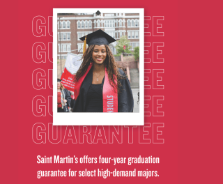 Graduate in gown with text: Saint Martin's offers four-year graduation guarantee for select high-demand majors