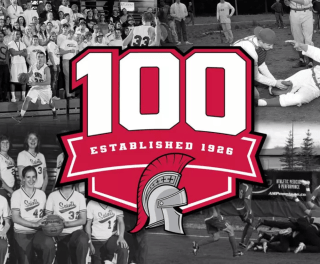 Saints logo with "100; established 1926" overlaid on old athletics photos