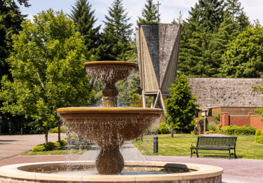 Courtyard fountain with church and forest behind