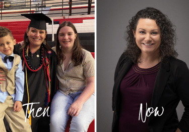 Marissa Grab in graduation robes with two children, side by side with her professional headshot