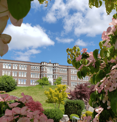 Old Main under a blue sky on top of the hill, seen through a window of flowering dogwood trees