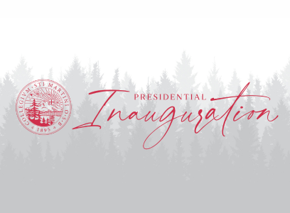 Saint Martin's logo and the text "Presidential Inauguration" over gray trees
