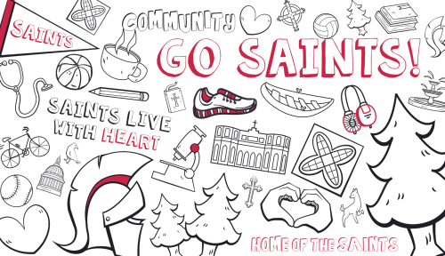 A cartoonish graphic incorporating many sketched aspects of Saint Martin's, including the helmet, the heart hands, the symbol, the trees, and a big red GO SAINTS!