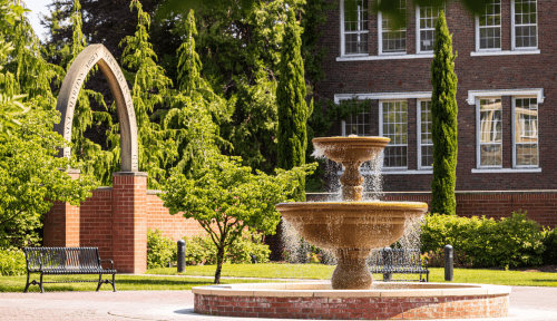 Arch and flowing fountain in a sunlit courtyard