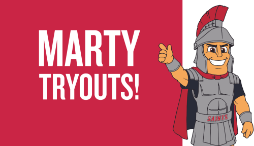Cartoon Marty the Roman soldier mascot pointing at text: Marty Tryouts!