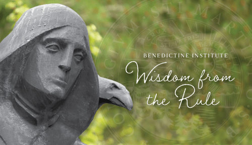 A monk statue in front of greenery, with text: Benedictine Institute Wisdom from the Rule