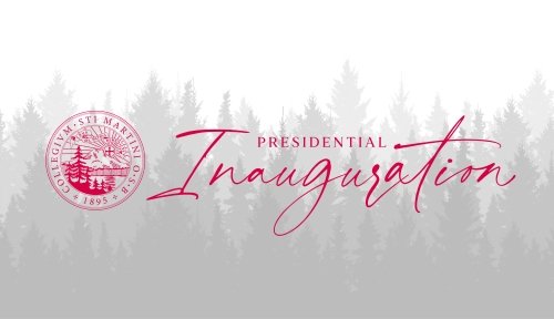Saint Martin's seal with the the text Presidential Inauguration over a gray tree background