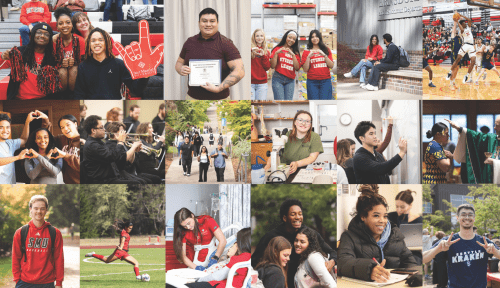 A collage showing students in class, in sports, and around campus