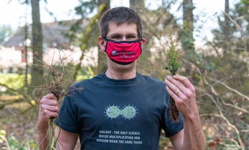 Dr. Bode, donning a Saint Martin's facemask, holds up two saplings outdoors at a sapling planting.