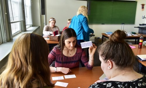 Students study with flashcards in Kathleen Allen's Primary Literacy class.