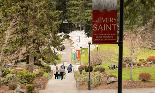 Students in the distance walk up the steps lined by SMU banners, cherry trees in bloom against a background of evergreen