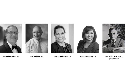 Photos of Dr. Robert Elves ‘75; Chris Fidler ‘82; Dawn Houle MBA ‘07; Deidre Peterson ‘07; and Paul Thiry HS’20