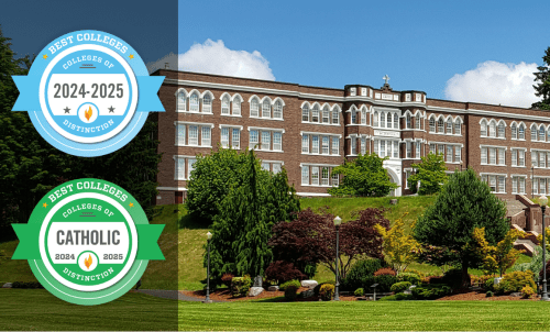 Old Main on a sunny day with College of Distinction badges