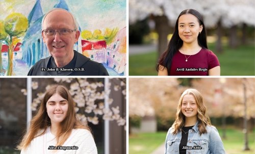Headshots of commencement speaker, co-valedictorians and salutatorian