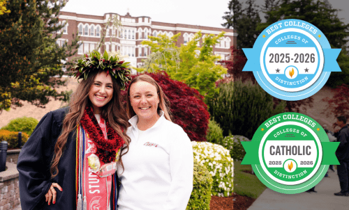 A graduate in academic dress smiles with friend in front of brick building, with two College of Distinction logos overlaid