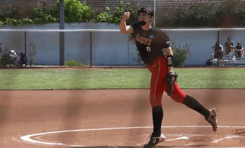 A softball player throws a pitch on the field