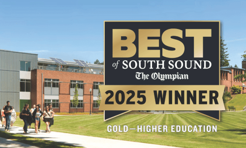 Best of South Sound 2025 winner Gold in Higher Education logo overlaid on Saint Martin's campus