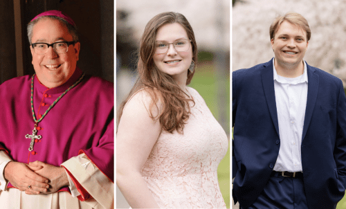 Headshots of Bishop Olson, valedictorian Bethany Hutson, and salutatorian Zachary Mandlin