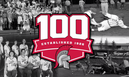 Saints logo with "100; established 1926" overlaid on old athletics photos