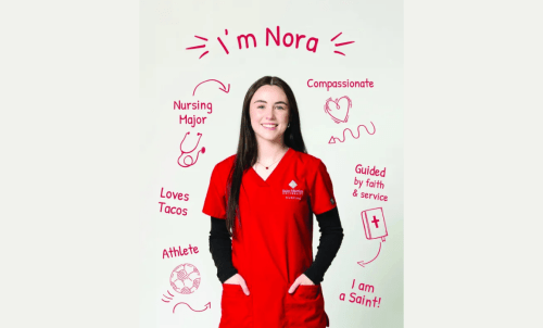 Student in red scrubs, with text saying "I'm Nora; nursing major; compassionate; loves tacos; athlete"