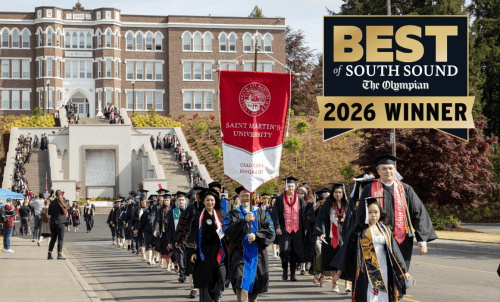 Best of South Sound 2026 Winner logo over a long line of graduates in robes walking down a staircase