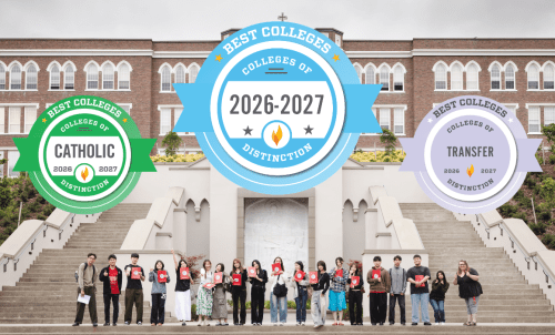 Students at the bottom of a grand staircase that leads to a brick building with logos for Colleges of Distinction, Catholic and Transfer 202627