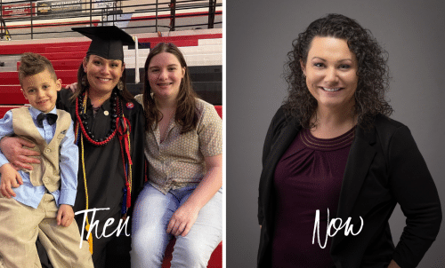 Marissa Grab in graduation robes with two children, side by side with her professional headshot