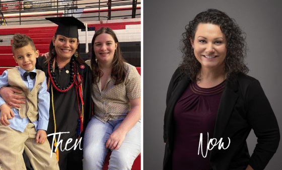 Marissa Grab in graduation robes with two children, side by side with her professional headshot