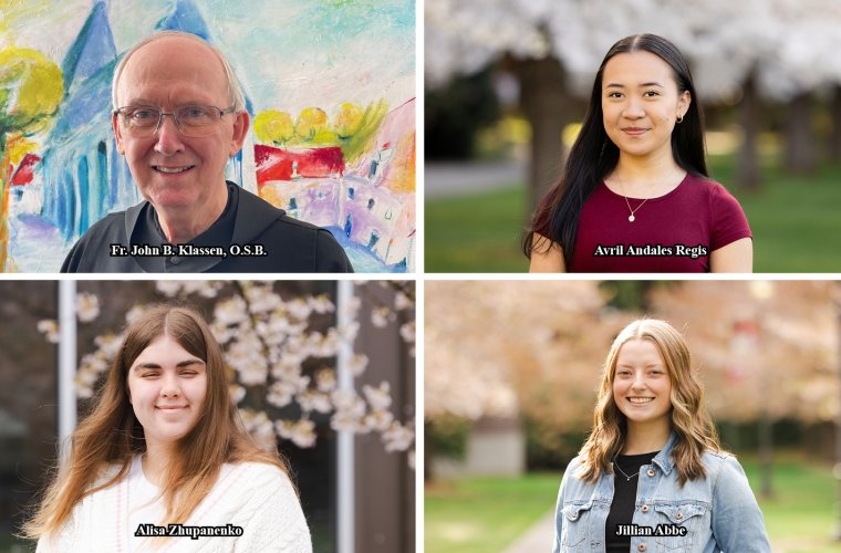 Headshots of commencement speaker, co-valedictorians and salutatorian