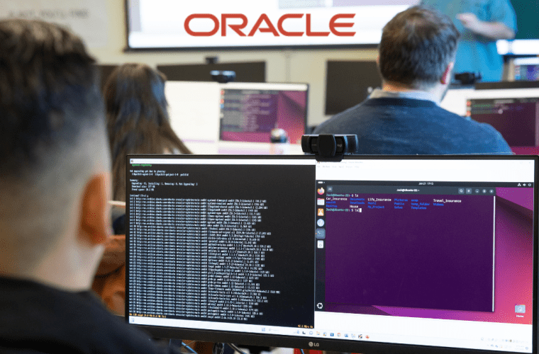 Students work at computers, with the Oracle logo overlaid