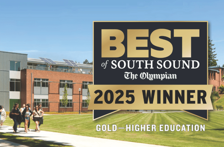 Best of South Sound 2025 winner Gold in Higher Education logo overlaid on Saint Martin's campus