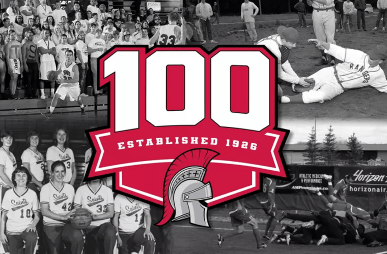Saints logo with "100; established 1926" overlaid on old athletics photos