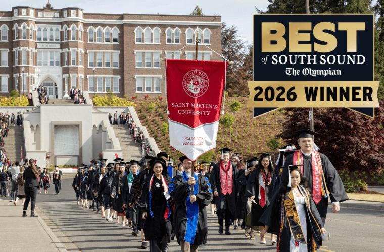 Best of South Sound 2026 Winner logo over a long line of graduates in robes walking down a staircase