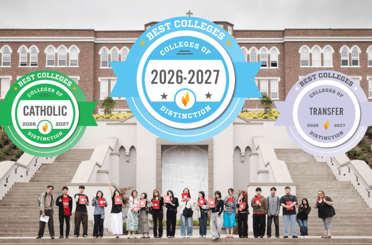 Students at the bottom of a grand staircase that leads to a brick building with logos for Colleges of Distinction, Catholic and Transfer 202627