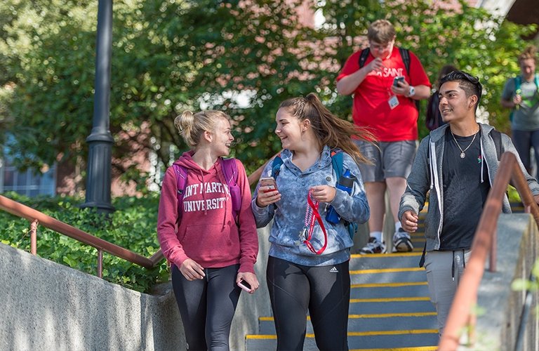 Students walking down stairs on campus