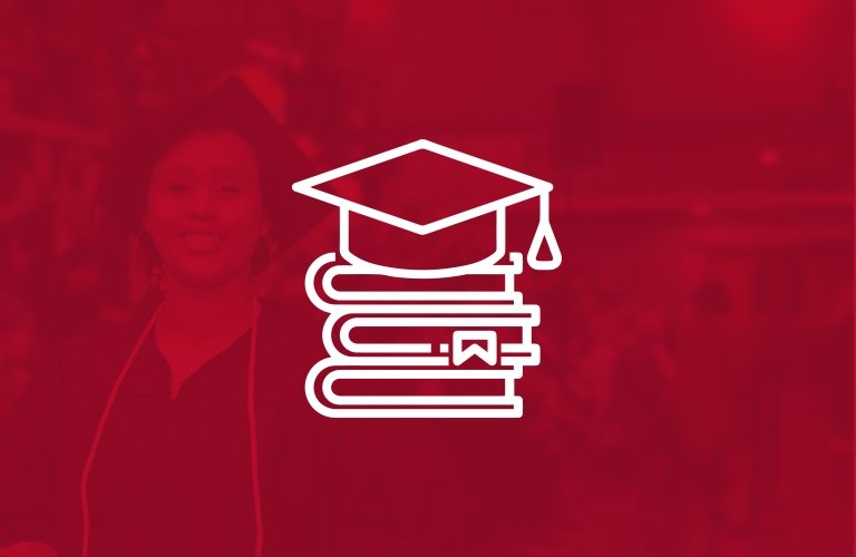 Icon: white graduation cap on top of stack of books, overlaid on red image with student in graduation cap and gown