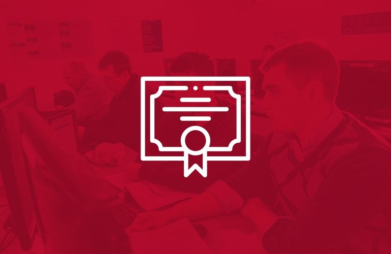 Icon: white certificate overlaid on red image of students working in a computer lab