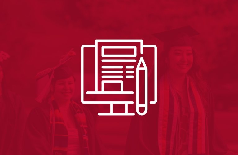 Graduates in cap and gowns walk with a red filter, overlaid with a white icon depicting an application and pencil on a computer