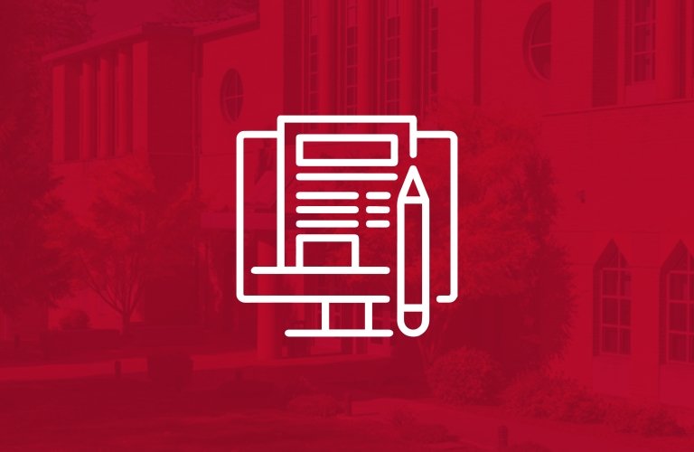 O'Grady Library facade under a red filter, overlaid with a white icon depicting an application and pencil on a computer