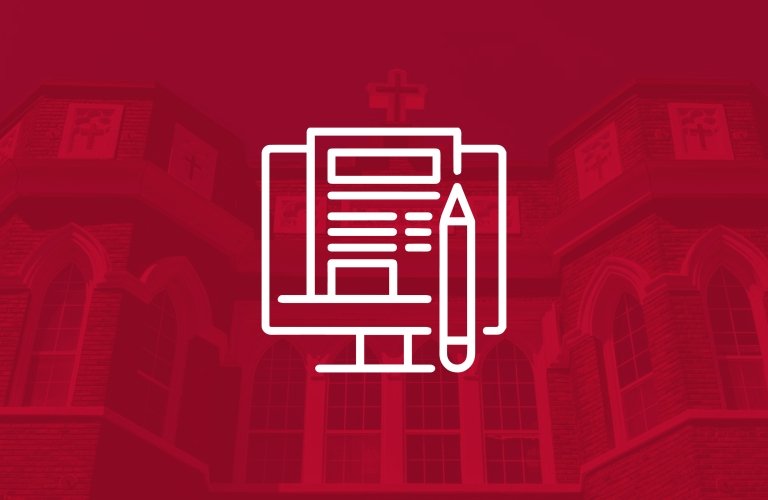 Old Main facade in red filter, with white icon showing application and pencil on a computer