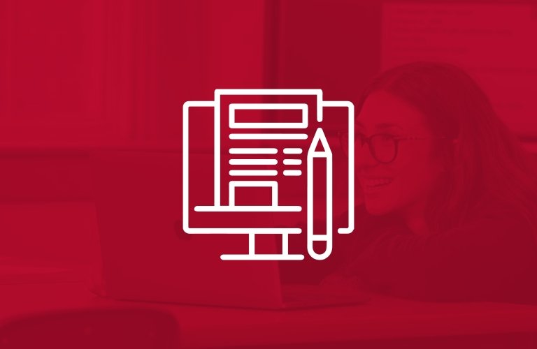 Student smiling in front of a laptop in red filter, with white icon showing application and pencil on a computer